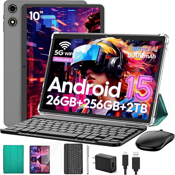 VisuPad 2026 Android 15 Tablet with Keyboard, 26GB+256GB+2TB Expand, 10 Inch 2 in 1 Tablet with Gemini AI, 8000mAh, 2.4G/5G WiFi, BT5.0, Widevine L1, Tablets Pc with Case, Mouse, Stylus (Green Case)