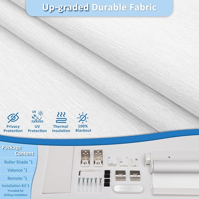 MANSNIX Smart Motorized Blinds with Remote, Cordless No-Drill Automatic Roller Shades, Blackout Electric Blind for Windows, White, 32 x 72