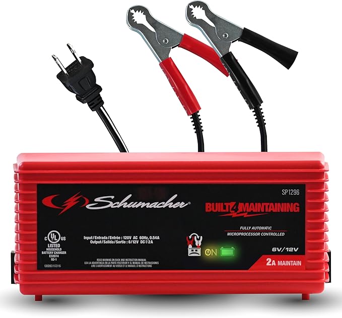 Schumacher Electric 2A Car Battery Charger and Maintainer, 3-in-1 Solution, for 6V/12V Power Sport, Automotive, and Marine Batteries, SP1296