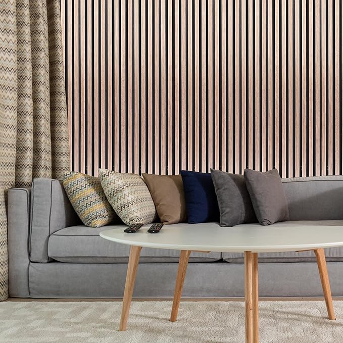 NeatiEase Wood Wall Panels, 9 Feet Acoustic Slat Wall Panels for Interior Wall Decor and Noise Reduction, Decorative Slat Wall Paneling, Smoked Oak, 4-Piece