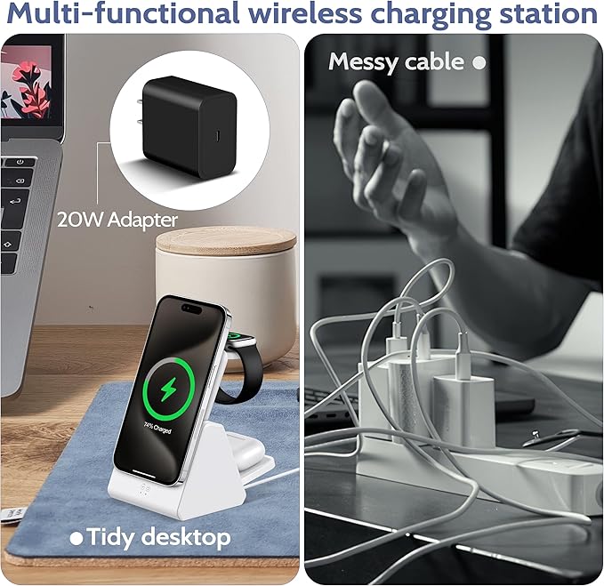 Smtcsl 3-in-1 Wireless Charging Station: Portable 10000mAh Power Bank Charger Compatible for Phone Air/17/16/15/14/13/12 Series and Watch - Detachable Magnetic Charging Stand White