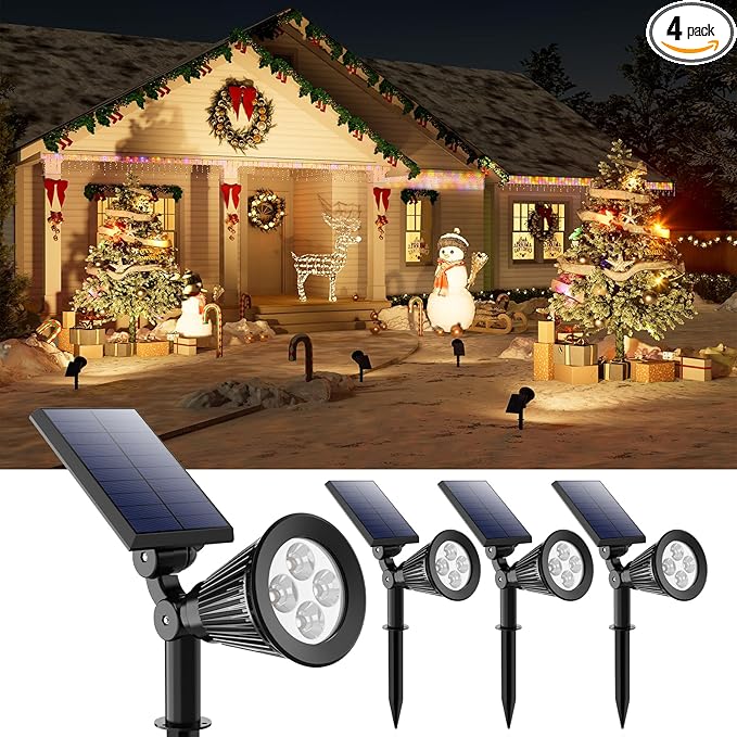4 Pack Solar Powered Spotlights Waterproof Outdoor for Christmas Decorations, Tree, Santa Claus, Snowman, Christmas Ambient Outdside Spot Landscape Lights for Wall, Garden, Yard, Sidewalk, Warm White