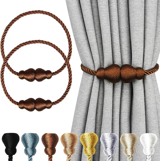 Nieffeiy Magnetic Curtain Tiebacks Outdoor Curtain Tie Backs Rope Decorative Magnetic Curtain Holders for Drapes Window Treatment Holdbacks, Brown 2Pack