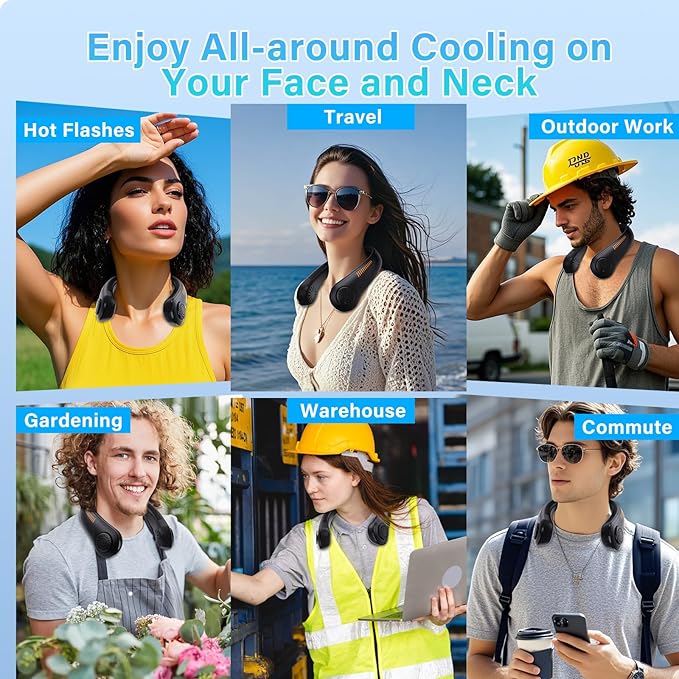 UZOPI Portable Neck Fan, Hands-Free, 5 Speeds, Gifts for Men Women, Lightweight, Quiet, Long Lasting, Bladeless, Battery Operated, Rechargeable, with Neck Support, Personal Fan for Hot Flashes, Travel