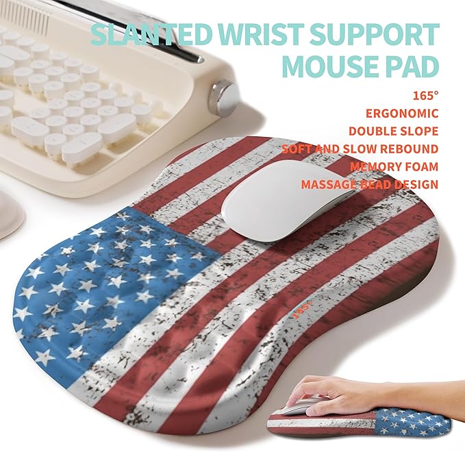 KUOSGM 2-in-1 Ergonomic Set, Wave Rise Keyboard Wrist Rest and Massage Bulge Slope Mouse Pad Wrist Support, Cushion Memory Foam Integrated to Relieve Wrist Pain, American Flag