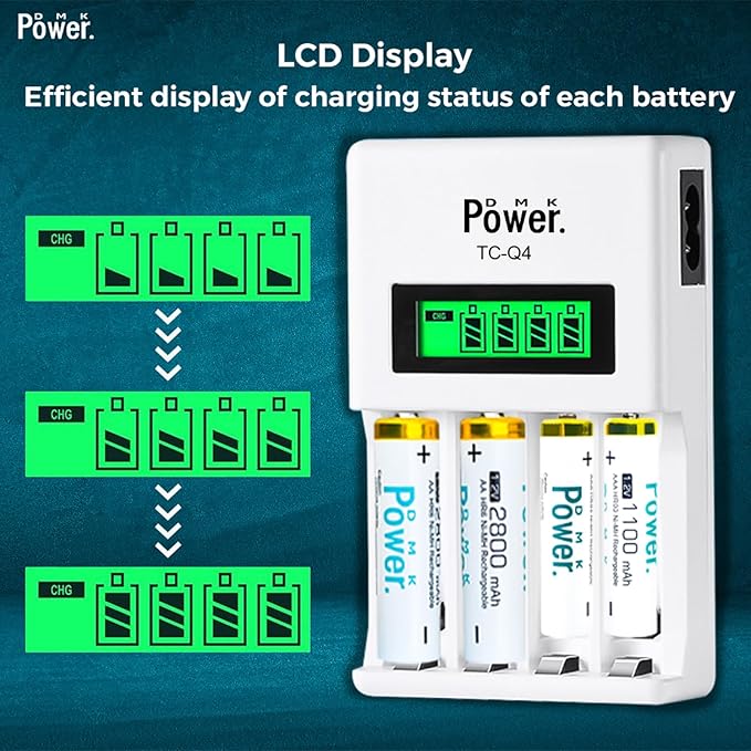 DMK POWER Rechargeable High Capacity Batteries 1.2V NiMH Low Self Discharge (AA White 2800MAH (4 Pieces) and TC-Q4 Charger)