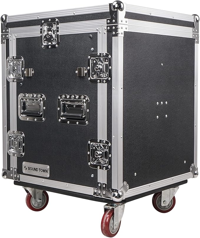 Sound Town High-Quality 1/2” (12mm) 12U PA DJ Pro Audio Rack/Road ATA Case with 11U Slant Mixer Top, Locking Drawer, Side Table, 20.2’’ Rackable Depth and Casters (STMR-12TD2)