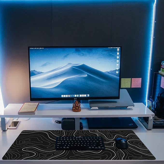 Eflxamz Desk Mat,Black Topographic Contour Map Desk Pad,Topographic Contour Large Gaming Mouse Pad for Desk,Extended Big Computer Keyboard Mouse Pad with Non-Slip Base and Stitched Edge,35.4"x15.7"