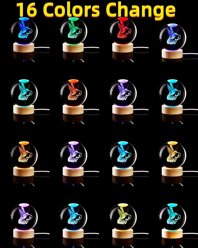 Conalisk 3D Hummingbird Crystal Ball Lamp,Lifelike 3D LED Bird Night Light,16 Colors Changing Light,Dimmable Remote Control,Desk Hummingbird lamp (Bird)