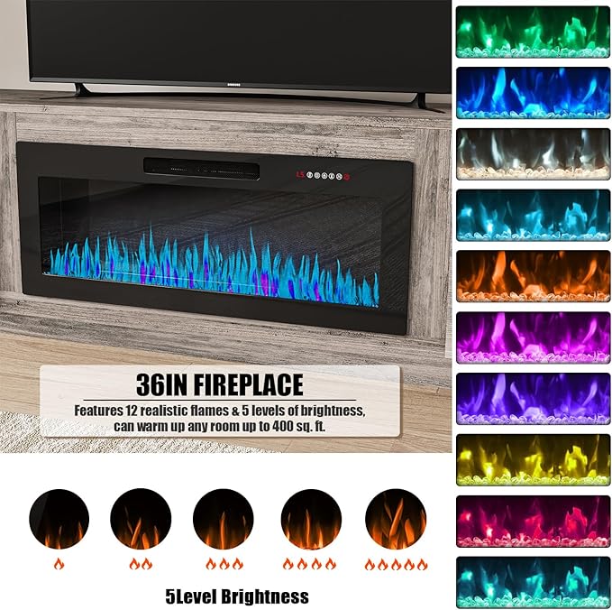 VITESSE TV Stand with 36" inch Electric Fireplace Up to 90" TVs, LED Light Entertainment Center, 80" Modern Wood High Gloss Fireplace with Highlight Storage Cabinet for Living Room (Gray)