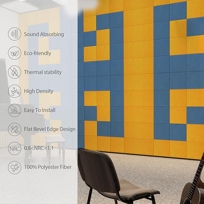 Amantech 12 Pack Acoustic Panels Self Adhesive Sound Proof Foam, High Density Sound Acoustic Panel, 12X12X0.4 Inch Square Panels in Home, Office, Reccording Room, Studio,and More(Orange-Red)