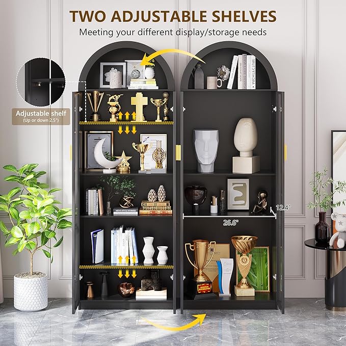 Dystler Arch Display Cabinet with Doors and Adjustable Shelves, 76" Tall Curio Cabinet with LED Lights/Storage Space, 6 Tier Display Case Bookcase for Collectibles Bedroom Living Room Office, Black