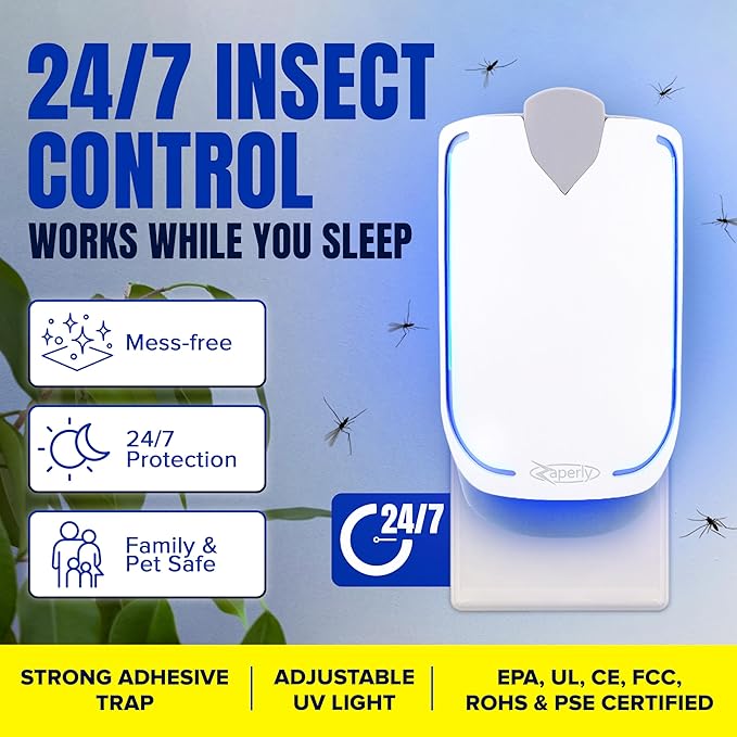 Zaperly 1 Fruit Fly Trap & 5 Adhesive Cartridges, Indoor Plug-in Bug Catcher, UV Light Fly Trap Captures Fruit Flies, Gnats, Houseflies, Moths, and Flying Insects for Kitchen, Bathroom, Plant Areas