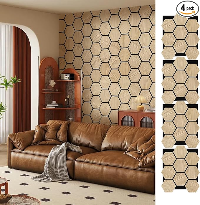 ARMURO Hexagon Wall Panels - 4 PCS Wood Panels for Wall - Natural Oak Wood Veneer Hexagon Sound Panels - Sound Absorbing Panels for Walls and Ceiling (23.8" W x 29" L)