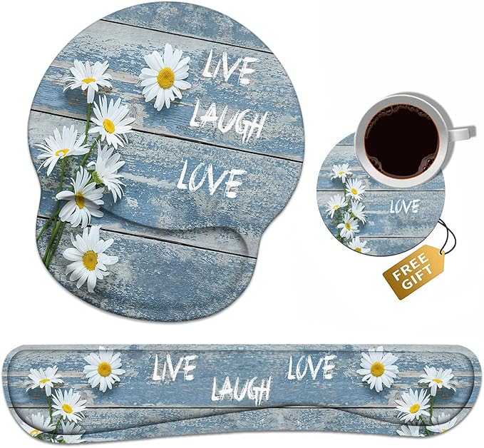 Keyboard Wrist Rest + Mouse Pad Wrist Support Set with Coasters, Dreamy Daisy Vintage Wood Board Live Laugh Love Design Non-Slip PU Base Ergonomic Mousepad for Home Office Working Studying