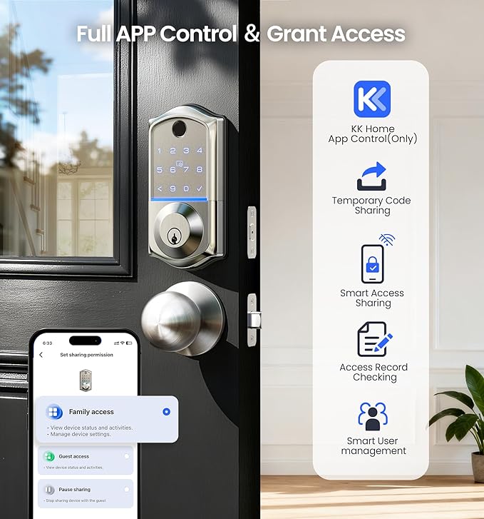 Veise VE017-K Fingerprint Smart Lock with 2 Knobs, App Control, Keyless Entry Front Door Lock with Handle Set, Electronic Digital Touchscreen Keypad Deadbolt, IP55 Waterproof, Auto-Lock, Satin Nickel