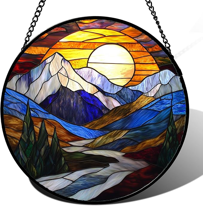 AMDERVEN Stained Glass Window Hanging, Yellow Blue Sunset Mountains Scenery Sun Catcher for Window Home Decor Landscape Suncatcher Mother's Day Birthday Gifts for Women Men Mom and Nana 7.8 in