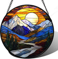 AMDERVEN Stained Glass Window Hanging, Yellow Blue Sunset Mountains Scenery Sun Catcher for Window Home Decor Landscape Suncatcher Mother's Day Birthday Gifts for Women Men Mom and Nana 9.8 in
