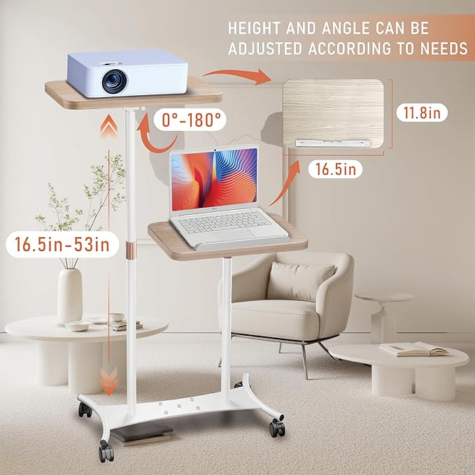 YUMFUN 2 Shelves Projector Stand, Mobile Laptop Cart on Wheels Projector Stand Adjustable Height 20 to 53 Inches, Overbed Table with 5 Lockable Casters, Rolling Laptop Floor Stand for Couch
