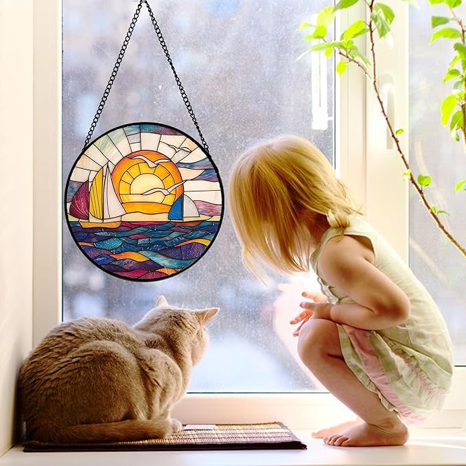 DASTOLL Stained Glass Window Hanging, Sailboat and Waves Suncatcher Diamond Glass Panel Hangings Sun Catchers Decor for Birthday for Women, Men, Wife, Aunt, and Mom 7.8 in
