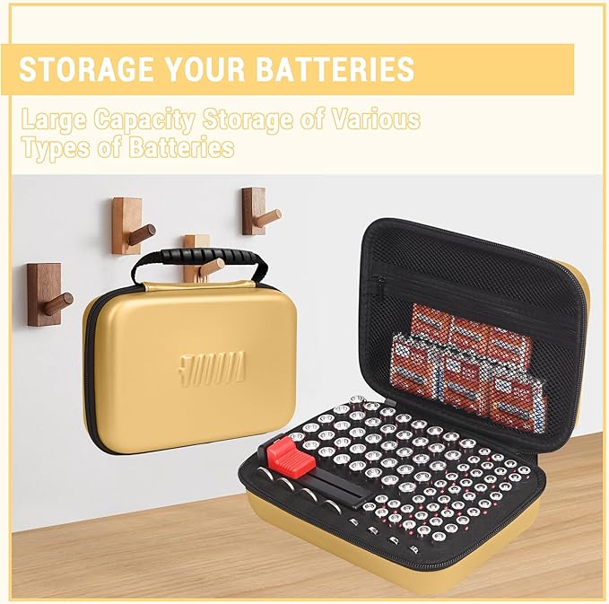 stukcaze Battery Organizer Storage Case with Tester for AA AAA Button Battery Holder Carrying 3 Batteries Variety Pack 88 Batteries Zipper Mesh Bag (Batteries Not Included) (gold)