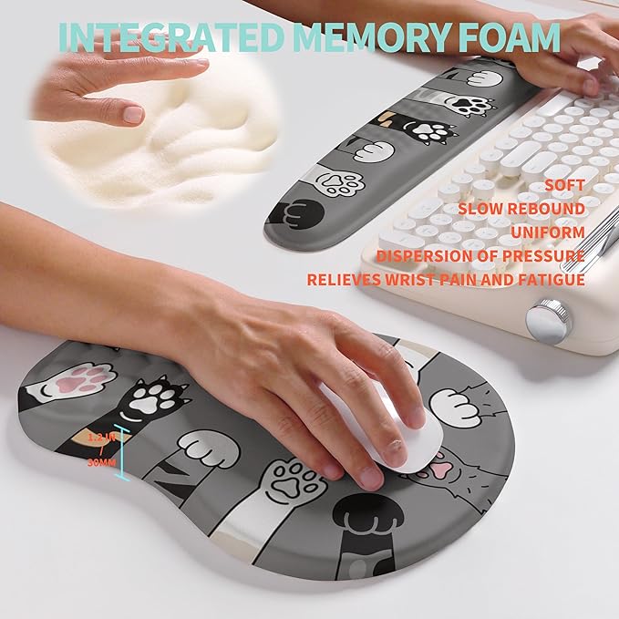 KUOSGM 2-in-1 Ergonomic Set, Wave Rise Keyboard Wrist Rest and Massage Bulge Slope Mouse Pad Wrist Support, Cushion Memory Foam Integrated to Relieve Wrist Pain, Cute Cat Paws