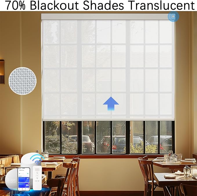 COOLWINDS Motorized Blinds with Remote Cordless Automatic Motorized Shades Custom Blinds for Windows Smart Curtains Compatible with Alexa Google Home(Solar White,W44 x H72in)