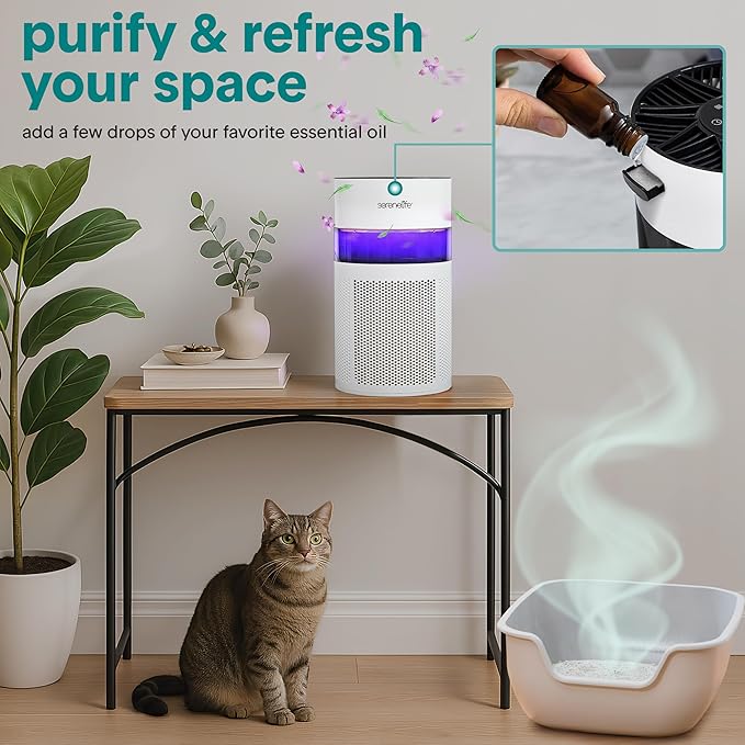 SereneLife Portable Air Purifier | Small Air Purifier For Home, Allergies, Pet Hair & Bedrooms | Filter Change Reminder & Aroma Box | Filtration Removes Dust, & Smoke Odor | Timer & Sleep Mode | White