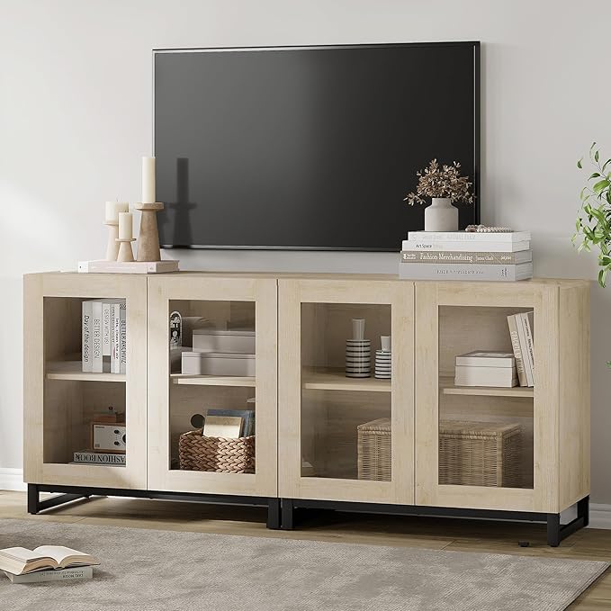 WAMPAT Modern TV Stand with Glass Doors for 32-70 inch TVs, 2 in 1 Entertainment Center Console with Adjustable Shelves for Living Room, Bedroom, Light Oak