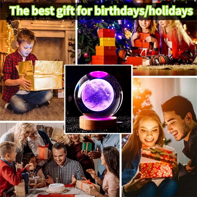 3D Moon Crystal Ball Lamp,3.15 inch Crystal Ball Night Light with Wooden Base,16 Colors Changing Light,Dimmable Remote Control,Desk lamp (F)