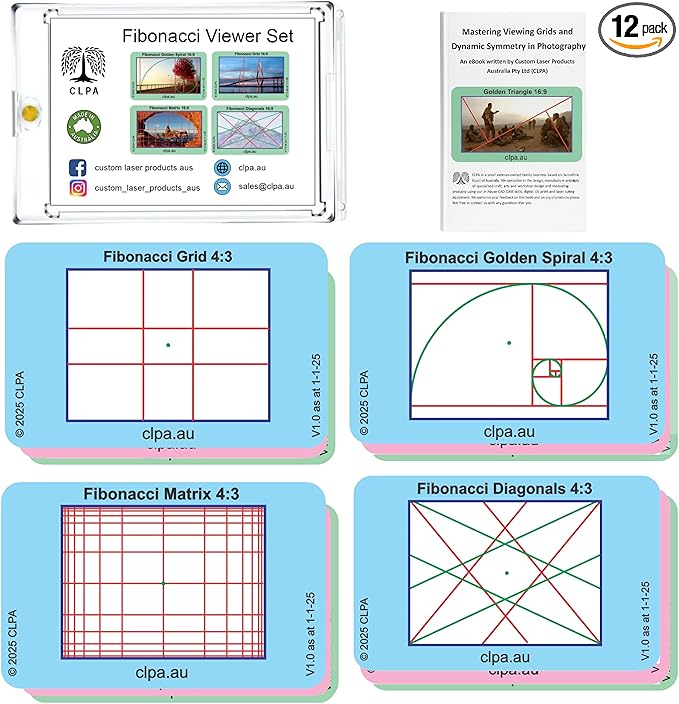 CLPA Fibonacci Viewfinder Set: Fibonacci Matrix, Grid, Spiral, and Diagonals for Art, Photography, & Video