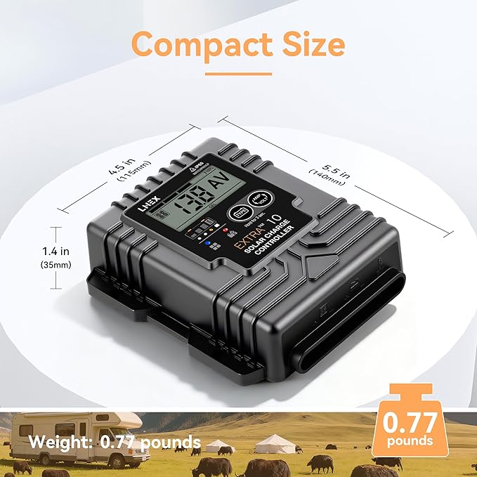 LNEX Solar Charge Controller Waterproof, 10A Solar Panel Regulator with Temp Sensor,Backlit LCD, 12V/24V PWM Solar Controller for LiFePO4,AGM, Gel, Flooded and Lithium Battery