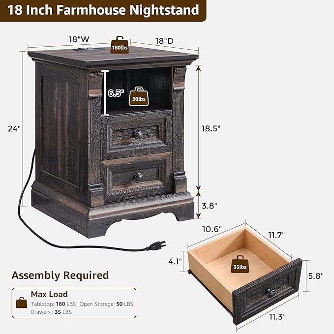 T4TREAM Farmhouse Nightstand Set of 2, 18" Sofa Side Table with Charging Station, Wood End Table w/Roman Column, Bedside Cabinet for Bedroom, Living Room, Dark Rustic Oak