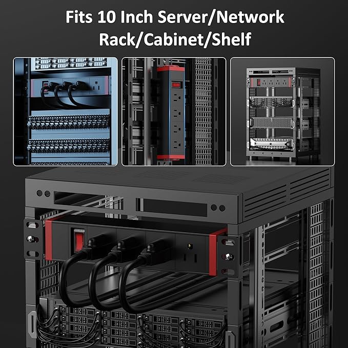 10 Inch Rack PDU Power Strip,1U RackMount Surge Protector Power Strip with15A Overload Switch, 360° Rotatable Mounting, for 10'' Mini Server Network Cabinets/Rack/Self, 6ft Cable