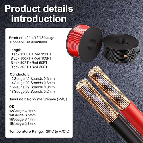 18 Gauge Electrical Wire 2 Pack Total 200ft-Black 100 ft and Red 100 ft Soft Flexible Copper-Clad Aluminum(CCA) 18 AWG PVC Wire for Lamp, Household Appliances RC Toys, Models, Auto, Electronics