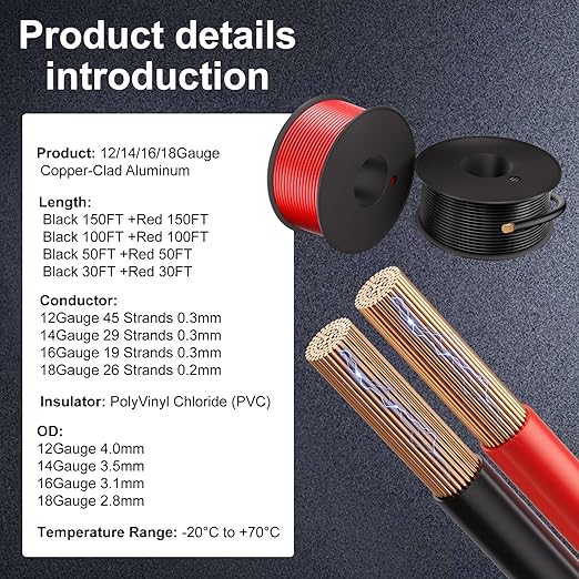 18 Gauge Electrical Wire 2 Pack Total 60ft-Black 30 ft and Red 30 ft Soft Flexible Copper-Clad Aluminum(CCA) 18 AWG PVC Wire for Lamp, Household Appliances RC Toys, Models, Auto, Electronics