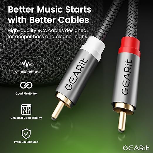 GEARit RCA Cable (3.3FT) 2RCA Male to 2RCA Male Stereo Audio Cables Shielded Braided RCA Stereo Cable for Home Theater, HDTV, Amplifiers, Hi-Fi Systems, Car Audio, Speakers, 3.3 Feet