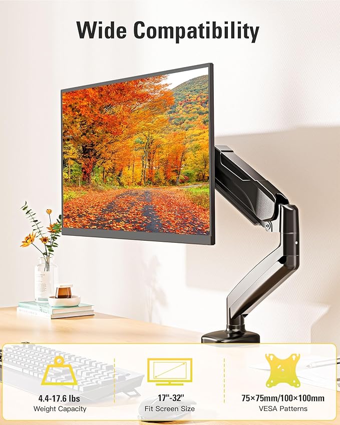 DreamAxis Single Monitor Mount, Gas Spring Monitor Arm for 17-32 Inch Computer Screens, Adjustable Monitors Stand for Desk, 75x75/100x100mm VESA Mount, with Clamp and Grommet Base, Holds 4.4-17.6lbs