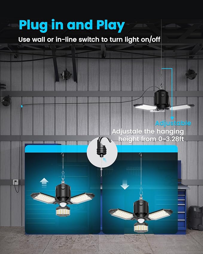 Kryoza Garage Motion Sensor Lights Plug-in 2Pack, 8000LM Super Bright Motion Activated LED Shop Light, 360° Detection & Retractable Steel Wire, Indoor Motion Light Bulb for Attic/Barn