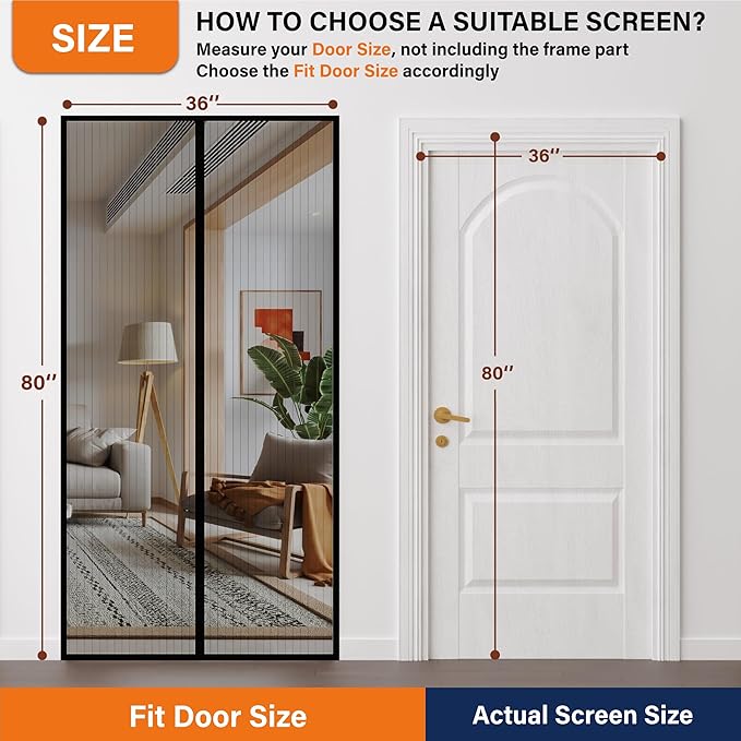 Magnetic Screen Door，Screen Door Mesh，Keep Bugs Out, Heavy-Duty Mesh Curtain,Pet and Kid Friendly, Works with Front Doors, Sliding Doors（34 x 82 Inch ‎Black