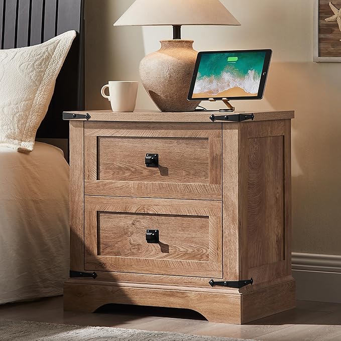 T4TREAM 24" Farmhouse Nightstand with Charging Station, Large End Table with 2 Storage Drawers, Rustic Wood Sofa Bedside Table for Bedroom, Light Knotty Oak