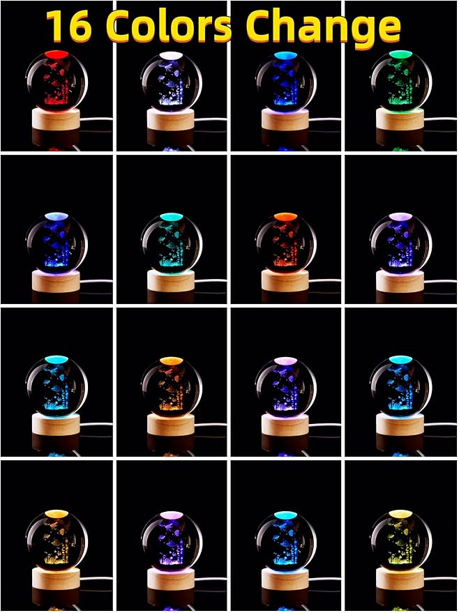 Conalisk 3D Underwater World Crystal Ball Lamp,Lifelike LED Fish Crystal Night Light,16 Colors Changing Light,Dimmable Remote Control,Desk Ocean Lamp (N)