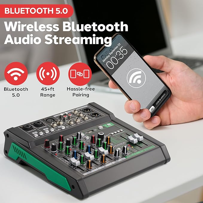 Pyle 6-Channel Audio Mixer, Bluetooth Studio Mixer/DJ Controller with Digital Effects, USB Interface, MP3 Compatible, XLR Inputs and LED Display, Audio Mixing Sound board System 10”x11”x3” inches