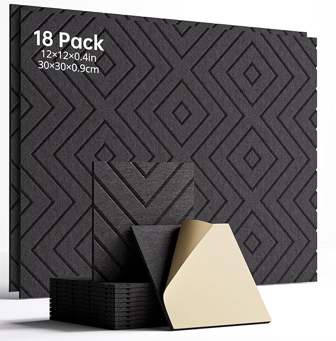 Woovio Sound Proof Foam Panels for Walls, 18 Pack Self-Adhesive Acoustic Panels, 12" X 12" X 0.4" Soundproof Wall Panels for Door, Ceiling, Home Office Black