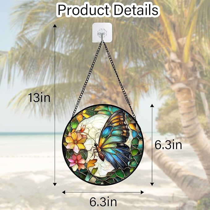 DASTOLL Stained Glass Window Hanging, Butterfly Flower Sun Catchers Diamond Glass Panel Hangings Insect Suncatcher Decor for Birthday for Women, Men, Wife, Aunt, and Mom 6.3 in