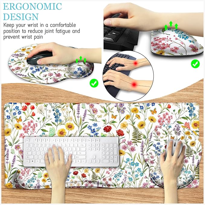 LIMKRIAN Floral Mouse Pad Set Large Desk Mat for Desktop, Ergonomic Mouse Pad with Gel Wrist Rest for Gaming, Computer Keyboard Mat Wrist Support Cup Coaster Set, Women Office Desk Accessories Decor