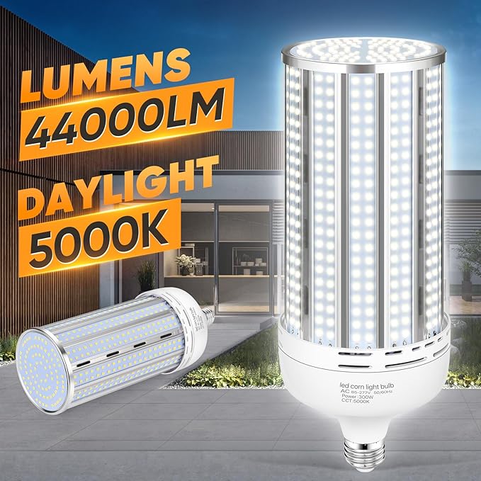XYCN 2 Pack 300W Corn LED Light Bulb Fanless,5000K Daylight(3000 Watt Equivalent) E26/E39 Large Mogul Base LED Cob Lamp 44,000LM for Outdoor Indoor Garage Warehouse Factory Workshop Street Backyard