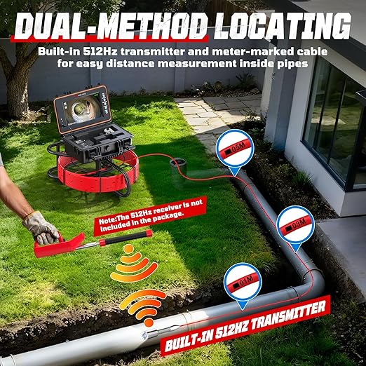 HBUDS Sewer Camera with 512Hz Sonde, Self Leveling 230ft Drain Camera with Meter Counter, 7mm Cable, 9" HD Screen 1080P Plumbing Cameras Snake with Light, 5100mAh Battery Pipe Inspection DVR 32GB