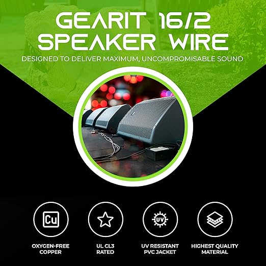 GEARit Outdoor Speaker Wire CL3 Rated, 16 Gauge Speaker Wire, Speaker Cable 500 ft for Outdoor Speakers, Patio, Garden, Backyard Audio, Direct Burial in Ground/in Wall, OFC (Black, 2-Conductors)
