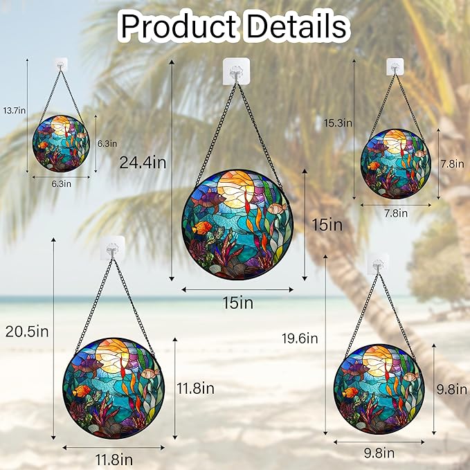 AMDERVEN Stained Glass Window Hanging - Blue Ocean World Small Fish Coral Sun Catcher for Door Garden Home Decor Sea Suncatcher Christmas Mother's Day Birthday Gifts for Women Men Mom Nana 7.8 in